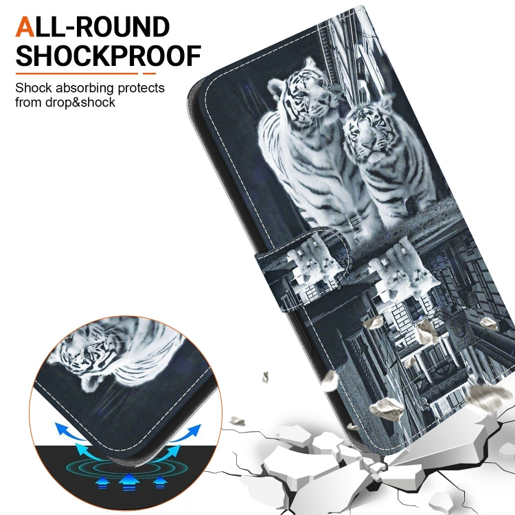 For iPhone 16e Crystal Texture Colored Drawing Leather Phone Case(Cat Tiger Reflection) by bashfashion