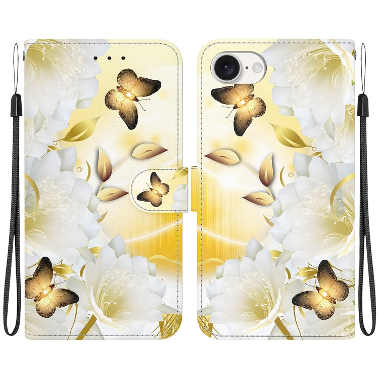 For iPhone 16e Crystal Texture Colored Drawing Leather Phone Case(Gold Butterfly Epiphyllum) by bashfashion
