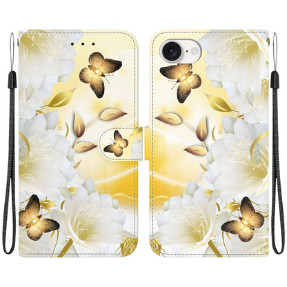 For iPhone 16e Crystal Texture Colored Drawing Leather Phone Case(Gold Butterfly Epiphyllum) by bashfashion