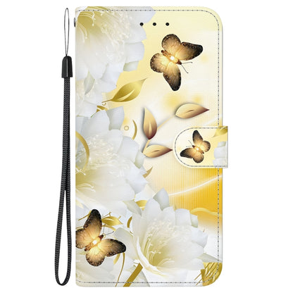 For iPhone 16e Crystal Texture Colored Drawing Leather Phone Case(Gold Butterfly Epiphyllum) by bashfashion