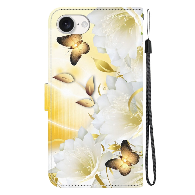 For iPhone 16e Crystal Texture Colored Drawing Leather Phone Case(Gold Butterfly Epiphyllum) by bashfashion