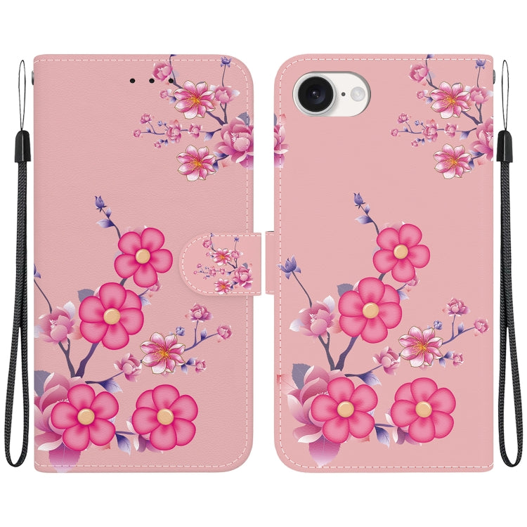 For iPhone 16e Crystal Texture Colored Drawing Leather Phone Case(Cherry Blossoms) by bashfashion