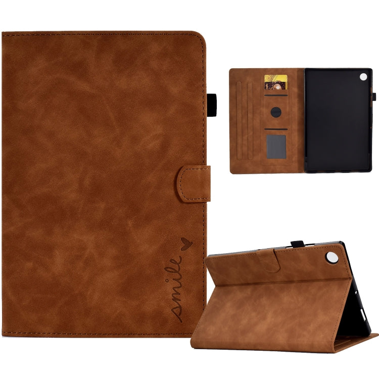 For Samsung Galaxy Tab A11 / A9 Embossed Smile Flip Smart Leather Tablet Case(Brown) by bashfashion