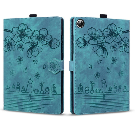 For Samsung Galaxy Tab A11+ / A9+ Cartoon Sakura Cat Embossed Leather Tablet Case(Green) by bashfashion
