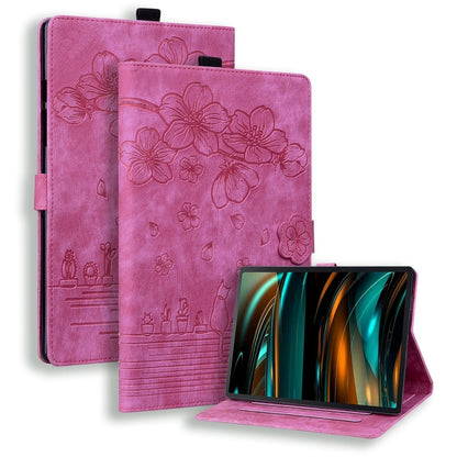 For Samsung Galaxy Tab A11+ / A9+ Cartoon Sakura Cat Embossed Leather Tablet Case(Rose Red) by bashfashion