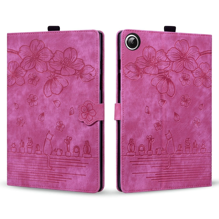 For Samsung Galaxy Tab A11+ / A9+ Cartoon Sakura Cat Embossed Leather Tablet Case(Rose Red) by bashfashion
