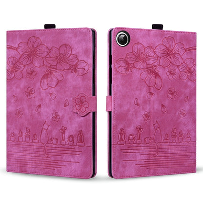For Samsung Galaxy Tab A11+ / A9+ Cartoon Sakura Cat Embossed Leather Tablet Case(Rose Red) by bashfashion