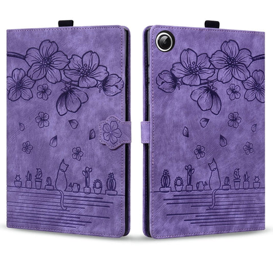 For Samsung Galaxy Tab A11+ / A9+ Cartoon Sakura Cat Embossed Leather Tablet Case(Purple) by bashfashion