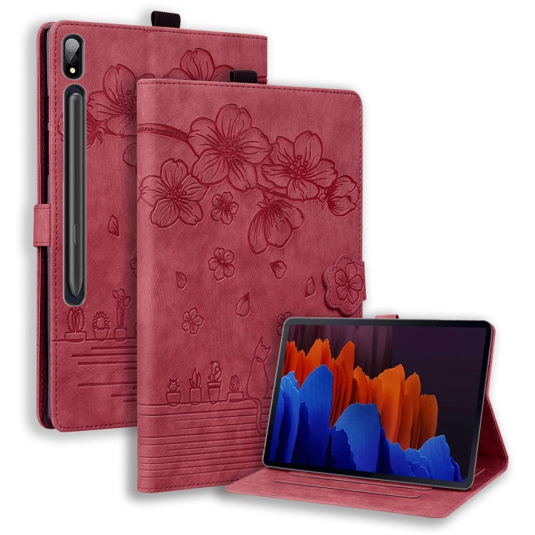 For Samsung Galaxy Tab S10 Ultra /S11 Ultra Cartoon Sakura Cat Embossed Leather Tablet Case(Red) by bashfashion