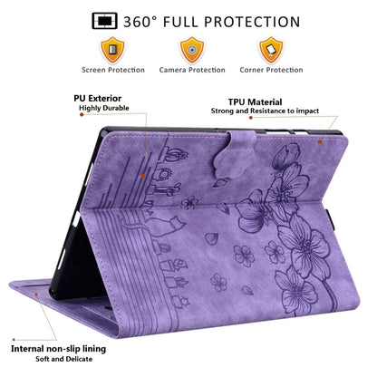 For Samsung Galaxy Tab S10 Ultra /S11 Ultra Cartoon Sakura Cat Embossed Leather Tablet Case(Purple) by bashfashion