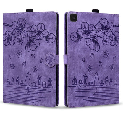 For Samsung Galaxy Tab A7 Lite Cartoon Sakura Cat Embossed Leather Tablet Case(Purple) by bashfashion