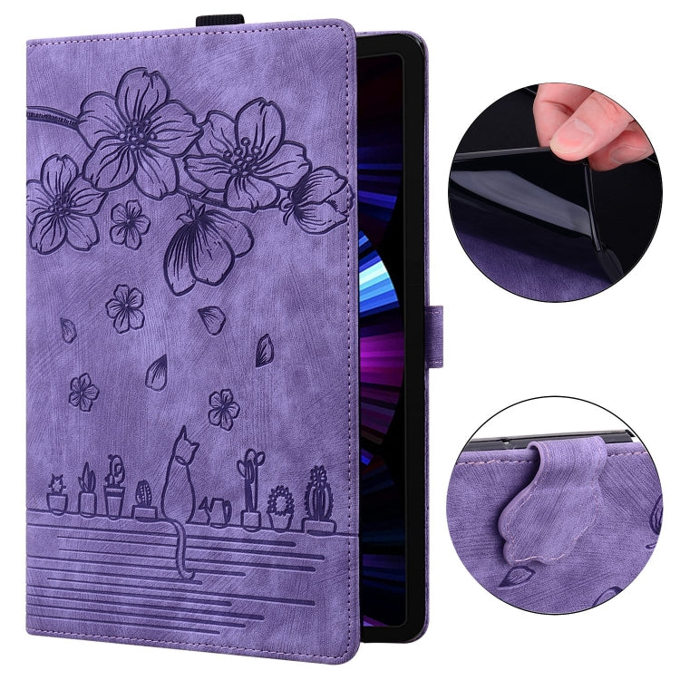 For Samsung Galaxy Tab A7 Lite Cartoon Sakura Cat Embossed Leather Tablet Case(Purple) by bashfashion