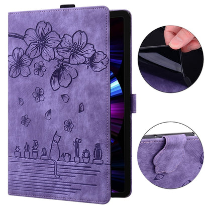 For Samsung Galaxy Tab A7 Lite Cartoon Sakura Cat Embossed Leather Tablet Case(Purple) by bashfashion