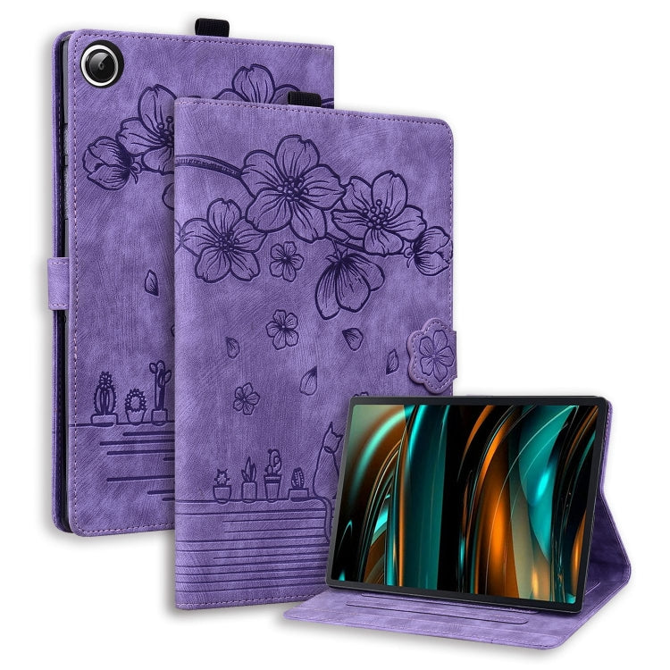 For Samsung Galaxy Tab A11 / A9 Cartoon Sakura Cat Embossed Leather Tablet Case(Purple) by bashfashion