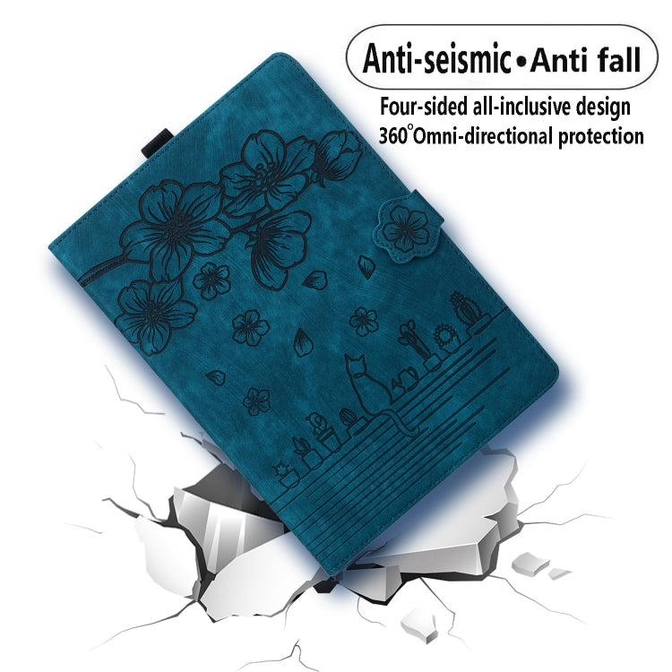 For Samsung Galaxy Tab A11 / A9 Cartoon Sakura Cat Embossed Leather Tablet Case(Blue) by bashfashion