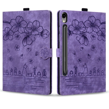 For Samsung Galaxy Tab S9 FE Cartoon Sakura Cat Embossed Leather Tablet Case(Purple) by bashfashion