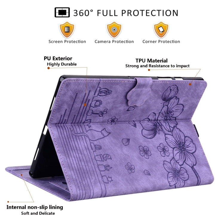 For Samsung Galaxy Tab S9 FE Cartoon Sakura Cat Embossed Leather Tablet Case(Purple) by bashfashion