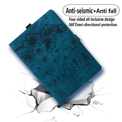 For Samsung Galaxy Tab S9 FE Cartoon Sakura Cat Embossed Leather Tablet Case(Blue) by bashfashion