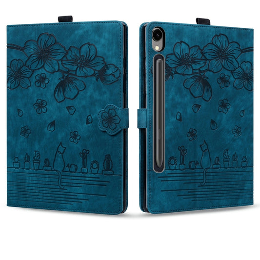 For Samsung Galaxy Tab S9 FE+ Cartoon Sakura Cat Embossed Leather Tablet Case(Blue) by bashfashion