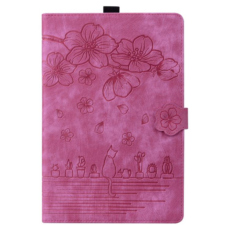 For Samsung Galaxy Tab S10 FE+ Cartoon Sakura Cat Embossed Leather Tablet Case(Rose Red) by bashfashion