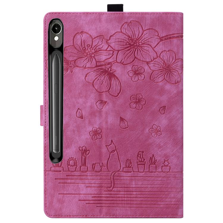 For Samsung Galaxy Tab S10 FE+ Cartoon Sakura Cat Embossed Leather Tablet Case(Rose Red) by bashfashion
