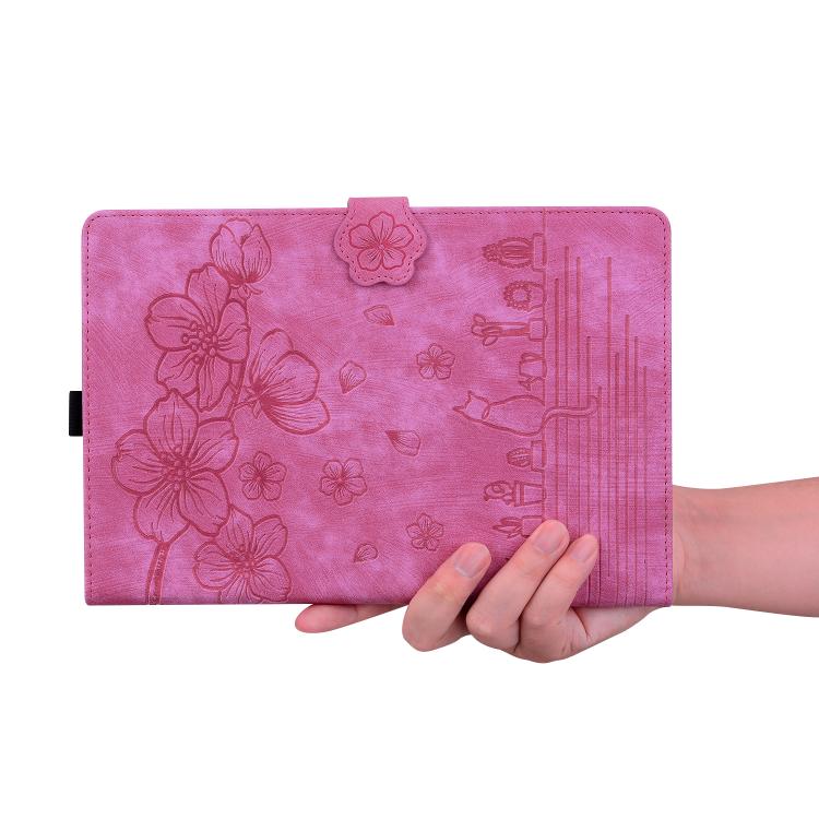 For Samsung Galaxy Tab S10 FE+ Cartoon Sakura Cat Embossed Leather Tablet Case(Rose Red) by bashfashion
