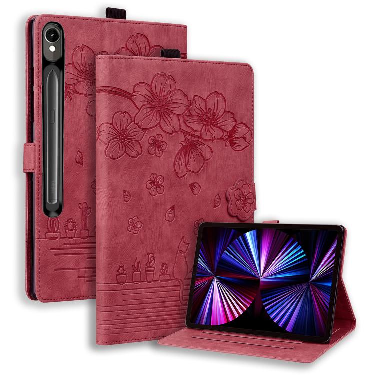 For Samsung Galaxy Tab S10 FE+ Cartoon Sakura Cat Embossed Leather Tablet Case(Red) by bashfashion