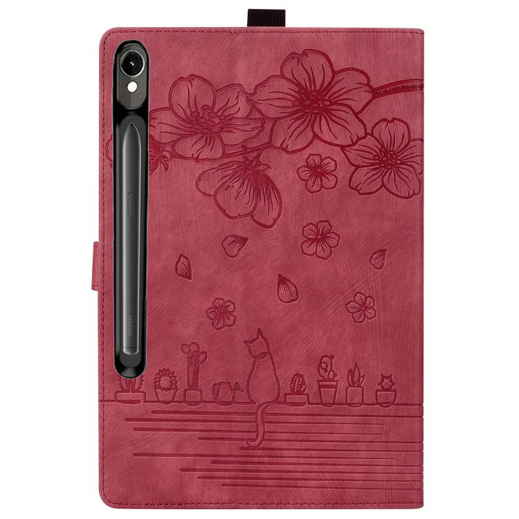 For Samsung Galaxy Tab S10 FE+ Cartoon Sakura Cat Embossed Leather Tablet Case(Red) by bashfashion