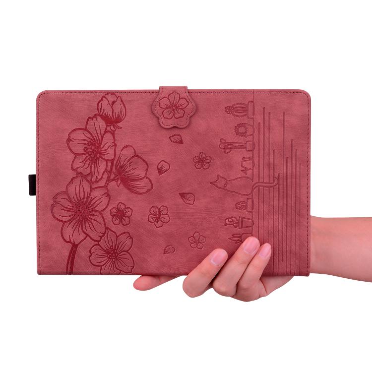For Samsung Galaxy Tab S10 FE+ Cartoon Sakura Cat Embossed Leather Tablet Case(Red) by bashfashion