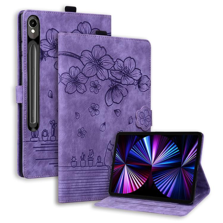 For Samsung Galaxy Tab S10 FE+ Cartoon Sakura Cat Embossed Leather Tablet Case(Purple) by bashfashion