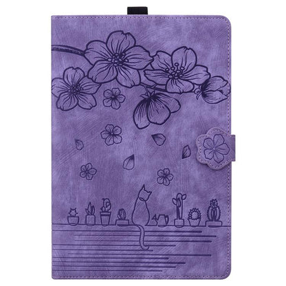 For Samsung Galaxy Tab S10 FE+ Cartoon Sakura Cat Embossed Leather Tablet Case(Purple) by bashfashion