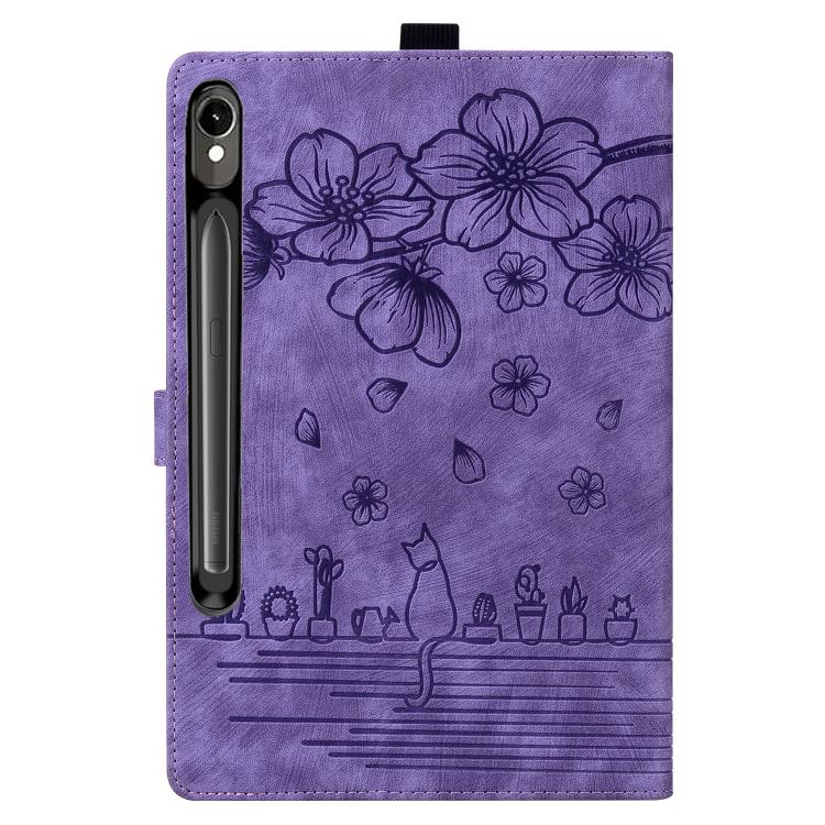 For Samsung Galaxy Tab S10 FE+ Cartoon Sakura Cat Embossed Leather Tablet Case(Purple) by bashfashion