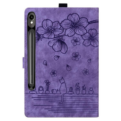 For Samsung Galaxy Tab S10 FE+ Cartoon Sakura Cat Embossed Leather Tablet Case(Purple) by bashfashion