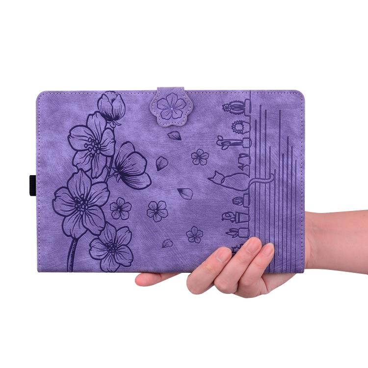 For Samsung Galaxy Tab S10 FE+ Cartoon Sakura Cat Embossed Leather Tablet Case(Purple) by bashfashion