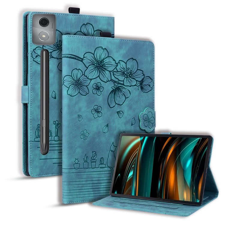 For Lenovo Xiaoxin Pad Pro 12.7 2025 Cartoon Sakura Cat Embossed Leather Tablet Case(Green) by bashfashion
