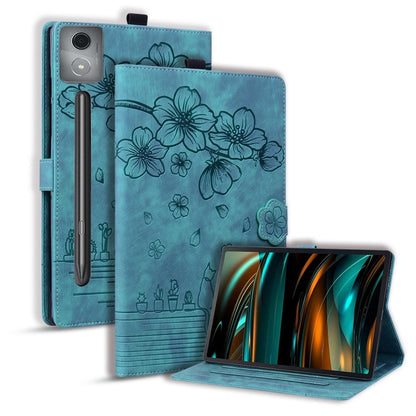 For Lenovo Xiaoxin Pad Pro 12.7 2025 Cartoon Sakura Cat Embossed Leather Tablet Case(Green) by bashfashion