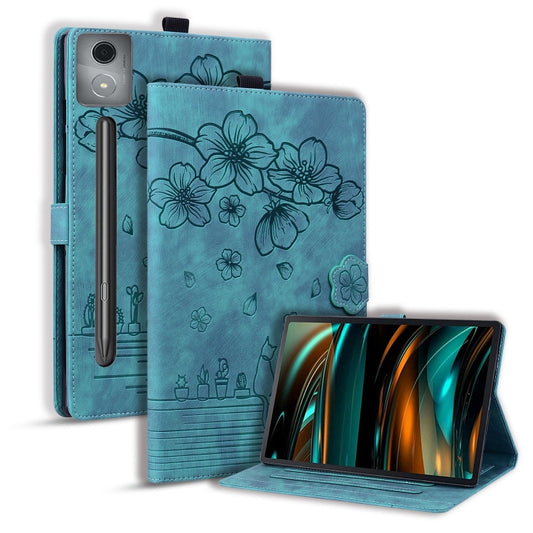 For Lenovo Xiaoxin Pad Pro 12.7 2025 Cartoon Sakura Cat Embossed Leather Tablet Case(Green) by bashfashion