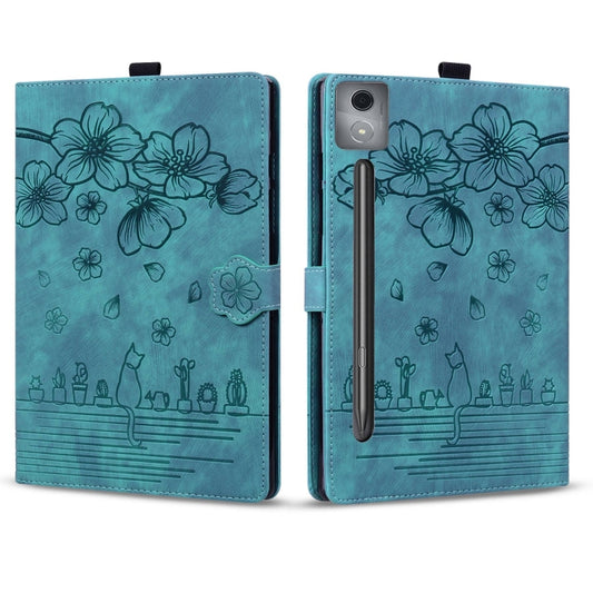 For Lenovo Xiaoxin Pad Pro 12.7 2025 Cartoon Sakura Cat Embossed Leather Tablet Case(Green) by bashfashion