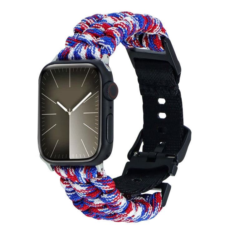 For Apple Watch SE 2023 44mm Paracord Plain Braided Webbing Buckle Watch Band(Red White Blue) by bashfashion