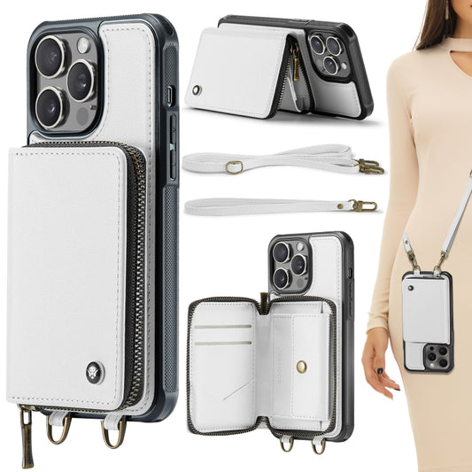 For iPhone 15 Pro Max JEEHOOD C22 Series Zipper Wallet Leather Phone Case with Dual Lanyard(White) by JEEHOOD