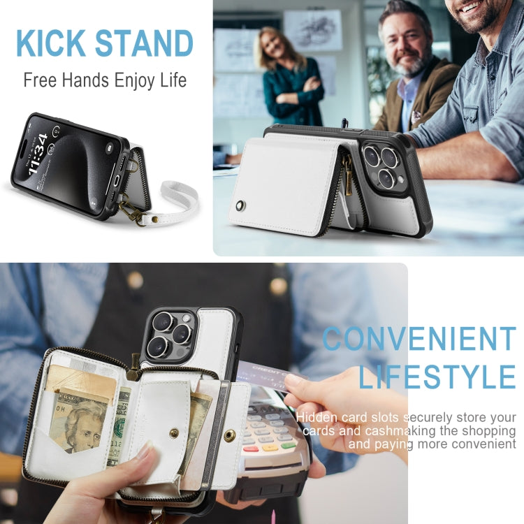 For iPhone 15 Pro Max JEEHOOD C22 Series Zipper Wallet Leather Phone Case with Dual Lanyard(White) by JEEHOOD