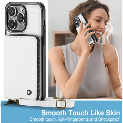 For iPhone 15 Pro Max JEEHOOD C22 Series Zipper Wallet Leather Phone Case with Dual Lanyard(White) by JEEHOOD