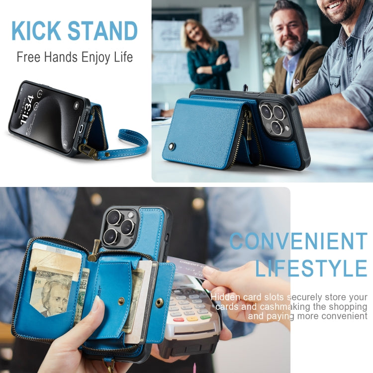 For iPhone 15 Pro JEEHOOD C22 Series Zipper Wallet Leather Phone Case with Dual Lanyard(Blue) by JEEHOOD