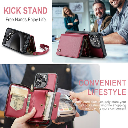 For iPhone 15 Pro JEEHOOD C22 Series Zipper Wallet Leather Phone Case with Dual Lanyard(Red) by JEEHOOD