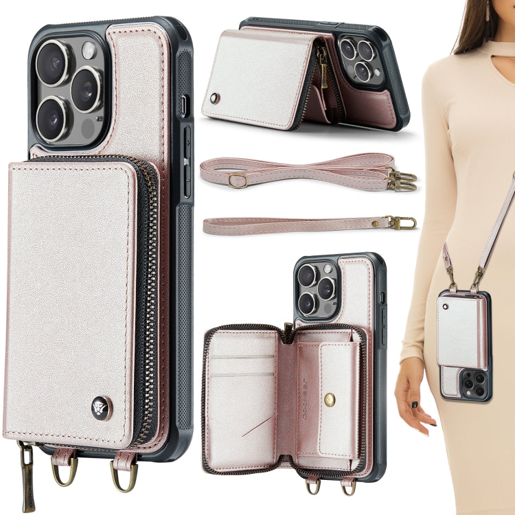 For iPhone 15 Pro JEEHOOD C22 Series Zipper Wallet Leather Phone Case with Dual Lanyard(Rose Gold) by JEEHOOD