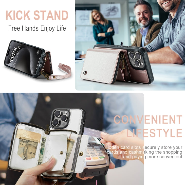 For iPhone 15 Pro JEEHOOD C22 Series Zipper Wallet Leather Phone Case with Dual Lanyard(Rose Gold) by JEEHOOD