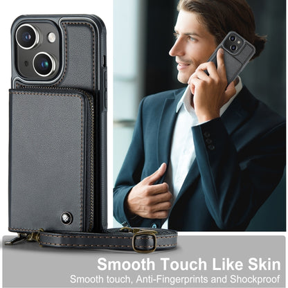 For iPhone 15 Plus JEEHOOD C22 Series Zipper Wallet Leather Phone Case with Dual Lanyard(Black) by JEEHOOD