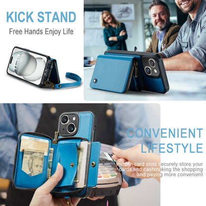 For iPhone 15 Plus JEEHOOD C22 Series Zipper Wallet Leather Phone Case with Dual Lanyard(Blue) by JEEHOOD