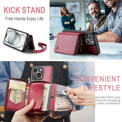For iPhone 15 Plus JEEHOOD C22 Series Zipper Wallet Leather Phone Case with Dual Lanyard(Red) by JEEHOOD