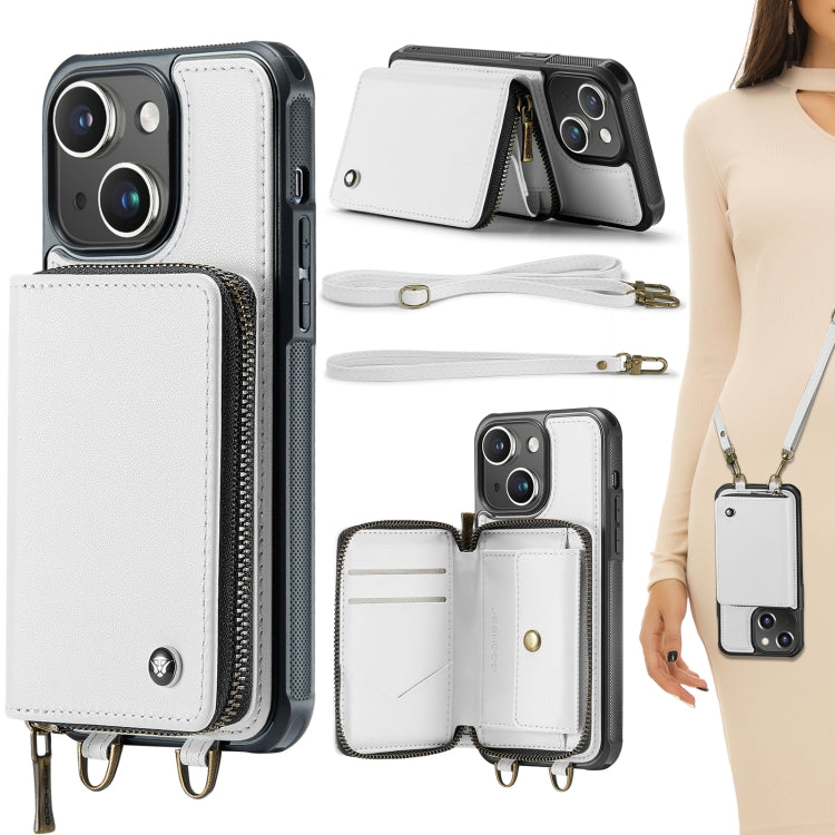 For iPhone 15 Plus JEEHOOD C22 Series Zipper Wallet Leather Phone Case with Dual Lanyard(White) by JEEHOOD